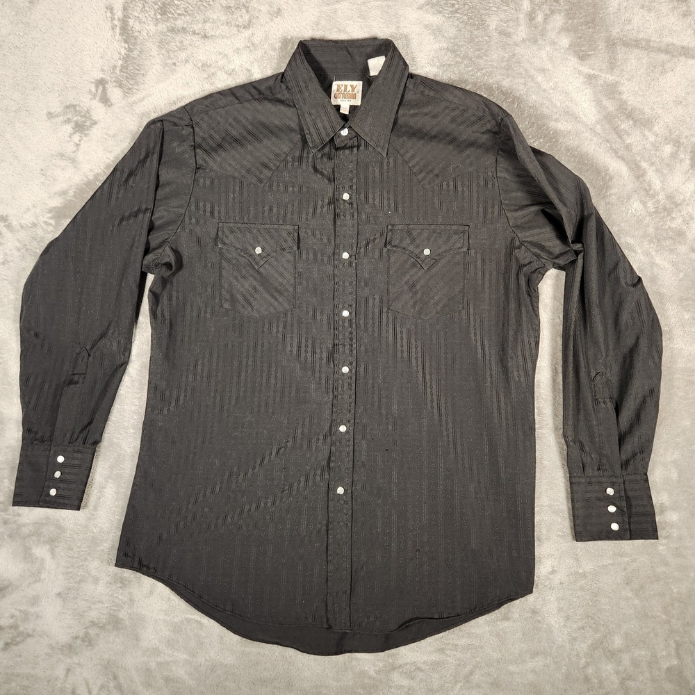 Ely Cattleman Western Snap Shirt‎ Mens 16.5 x 35 Black Excellent Jacquard Stripe